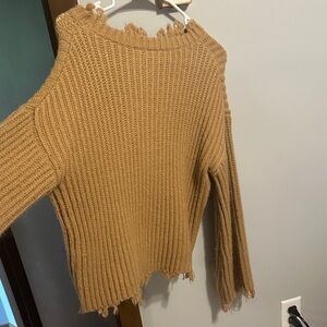 Cozy Frayed Hem Camel Sweater